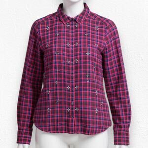 Halogen Embellished Plaid Button Down Shirt Red Jewel Detail Flannel Size Medium
